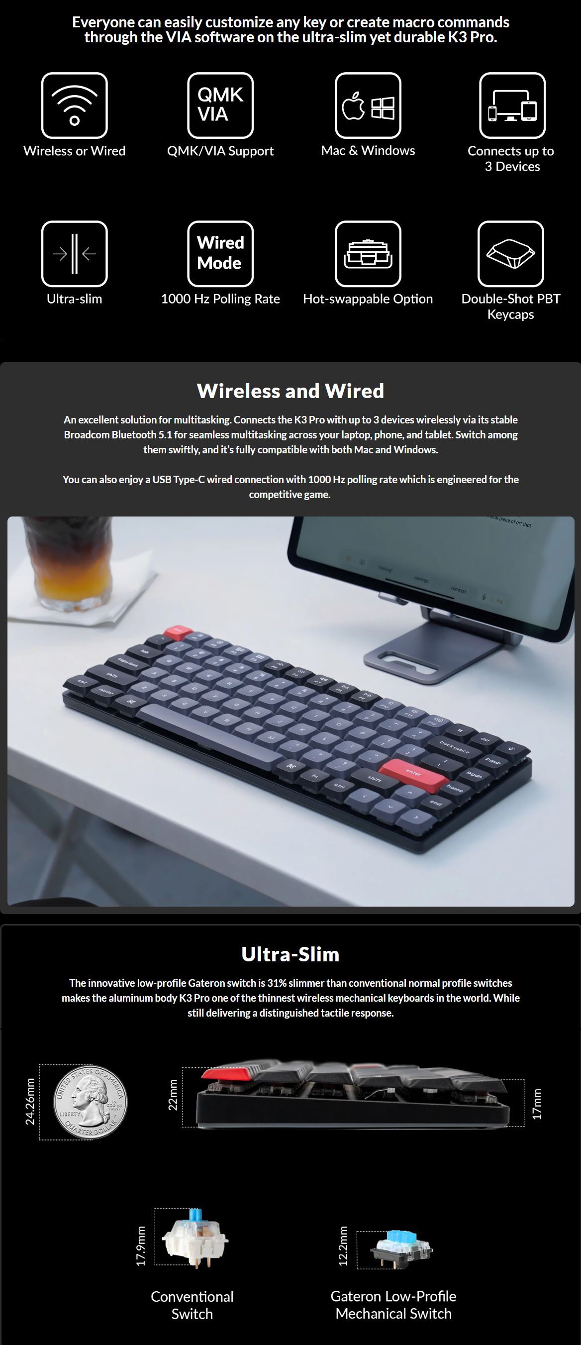 A large marketing image providing additional information about the product Keychron K3 Pro RGB QMK/VIA Wireless Custom Mechanical Keyboard - White (Red Switch) - Additional alt info not provided